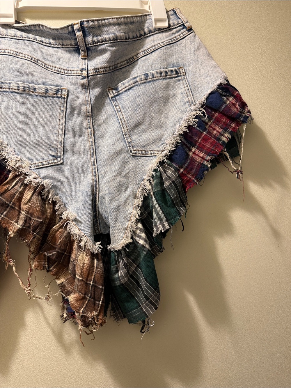 Fashion Nova Light Wash Denim Skort with Green, Brown Navy Plaid Ruffles size15 - Picture 6 of 7